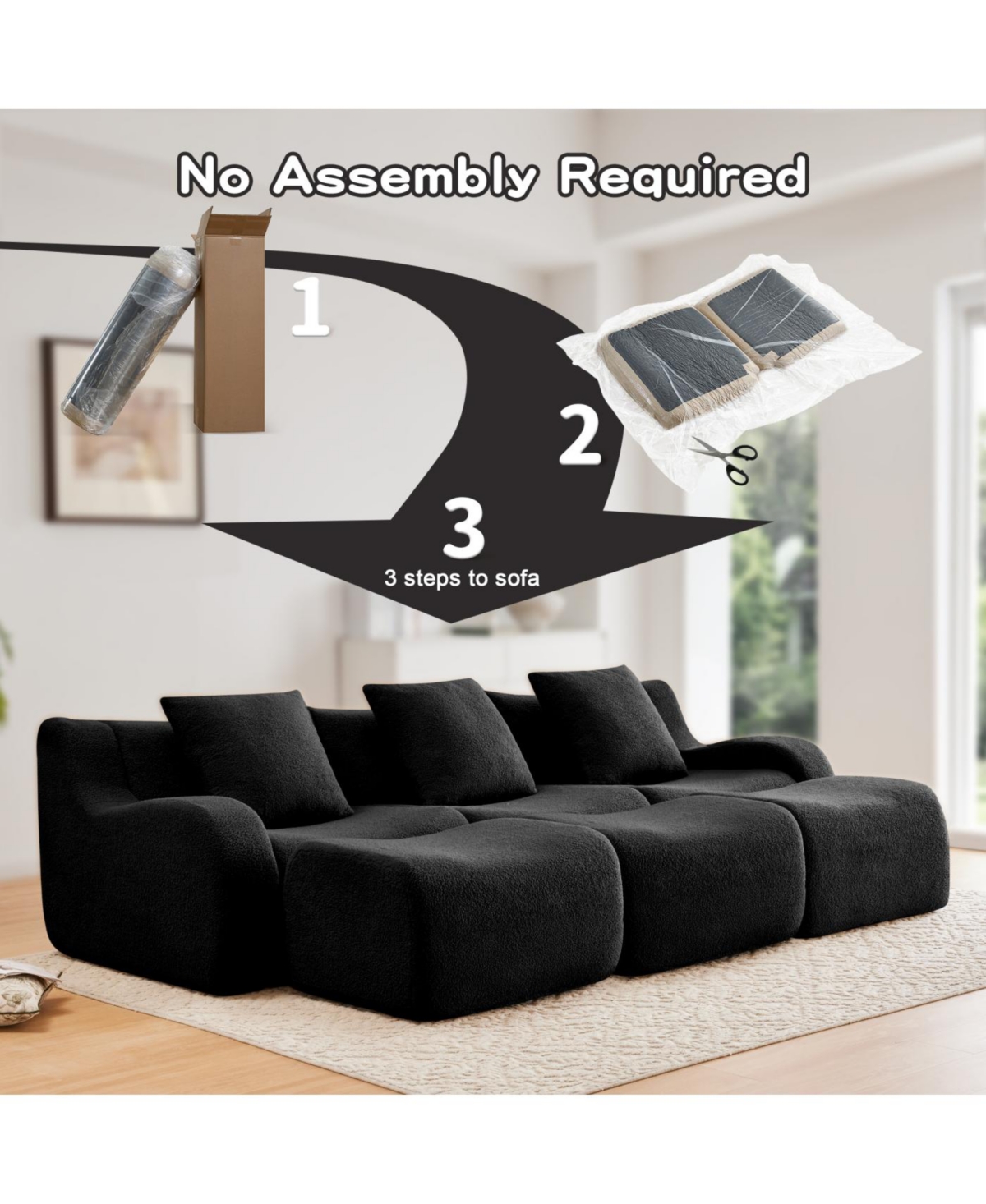 Streamdale Furniture Three-Seat Boneless Sofa, Teddy Fabric, No Assembly, Black