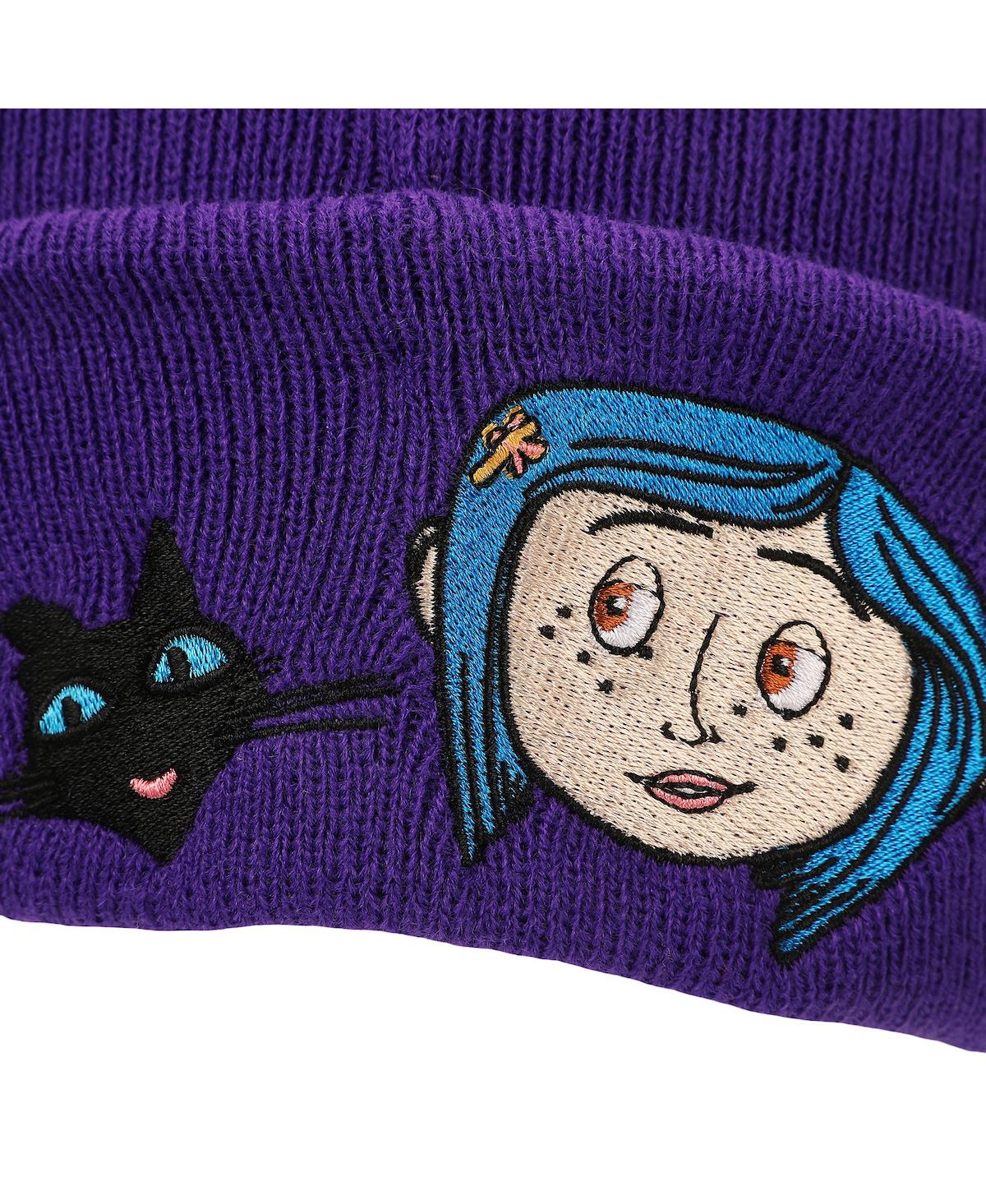 Coraline Men's Black Cat Character Art Purple Cuff Beanie.