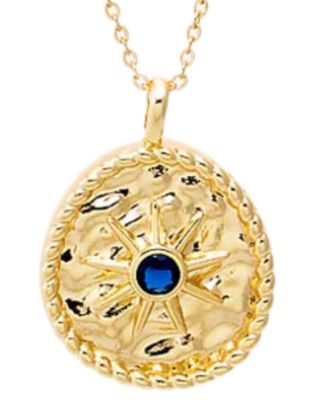 Blue Cubic Zirconia Gold Plated Textured Coin Necklace