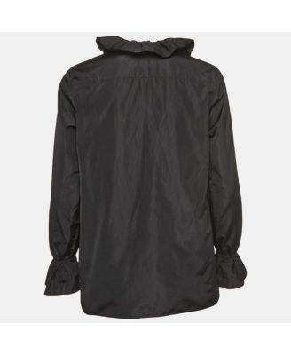 Women's Black Silk Blend Crepe Ruffled V Neck Top