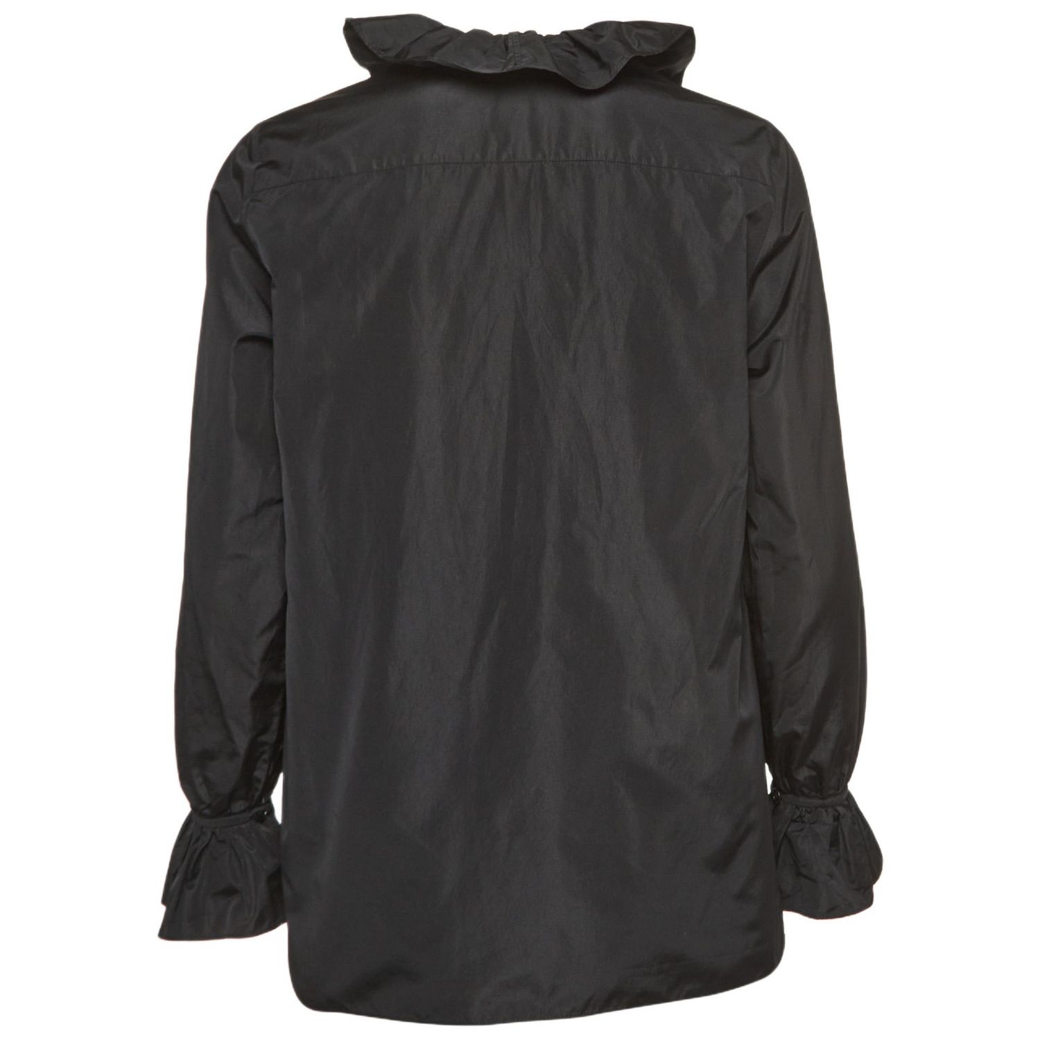 Women's Black Silk Blend Crepe Ruffled V Neck Top