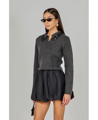 Women's Knit Jewel Trim Collared Sweater