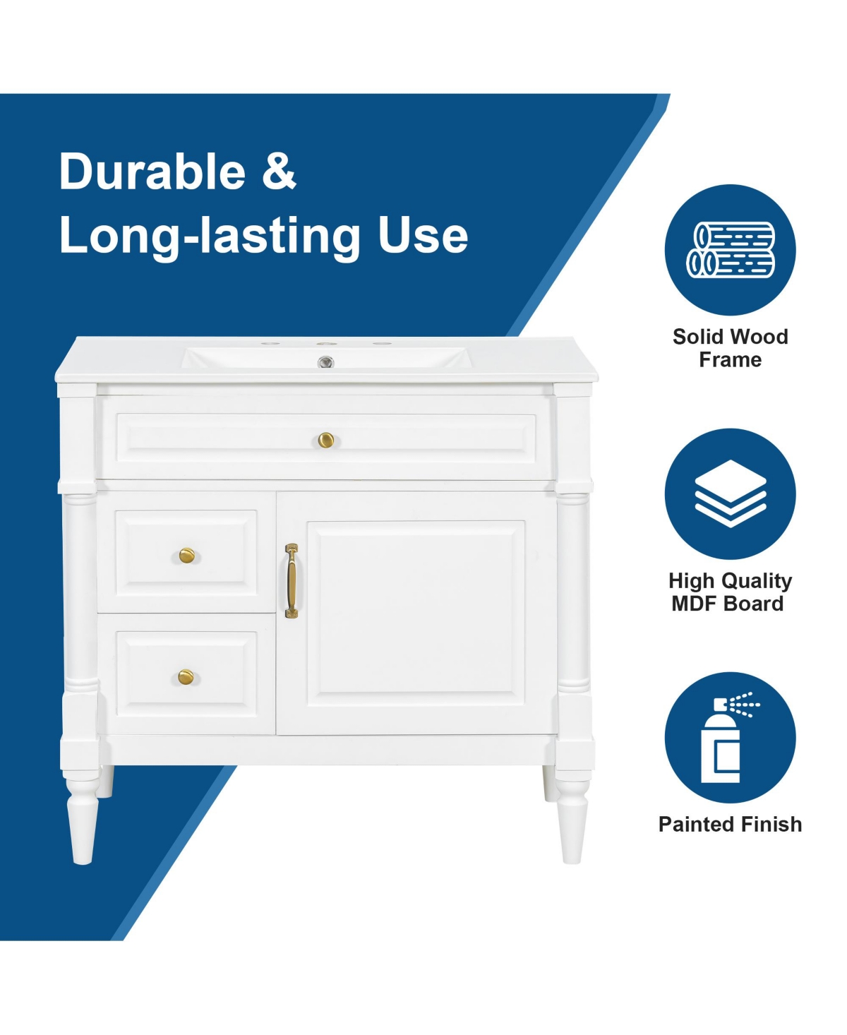 Casainc Bathroom Vanity with Ceramic Sink Flip Drawer Adjustable Shelf