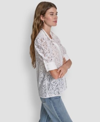 Women's Lace Puff Sleeve Stand Collar Shirt