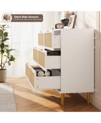 Rattan 6 Drawer Dresser for Bedroom, Long Double Chest with Deep Drawers and Wide Top for Living Room or Kids Room