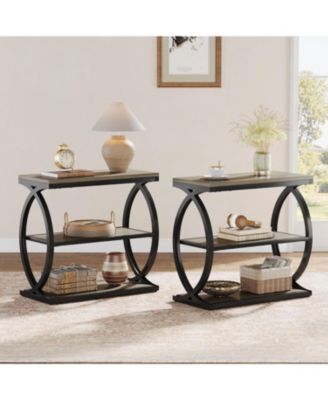 End Table Set of 2, Narrow 3-Tier End Table for Living Room, Industrial Wooden Side Table