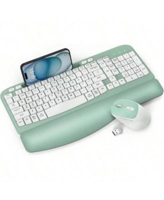 Wireless Keyboard and Mouse Combo - Full-Sized Keyboard with Cushioned Palm Rest, Phone Holder, 2.4G Cordless Set for Computer, Laptop, PC - Green