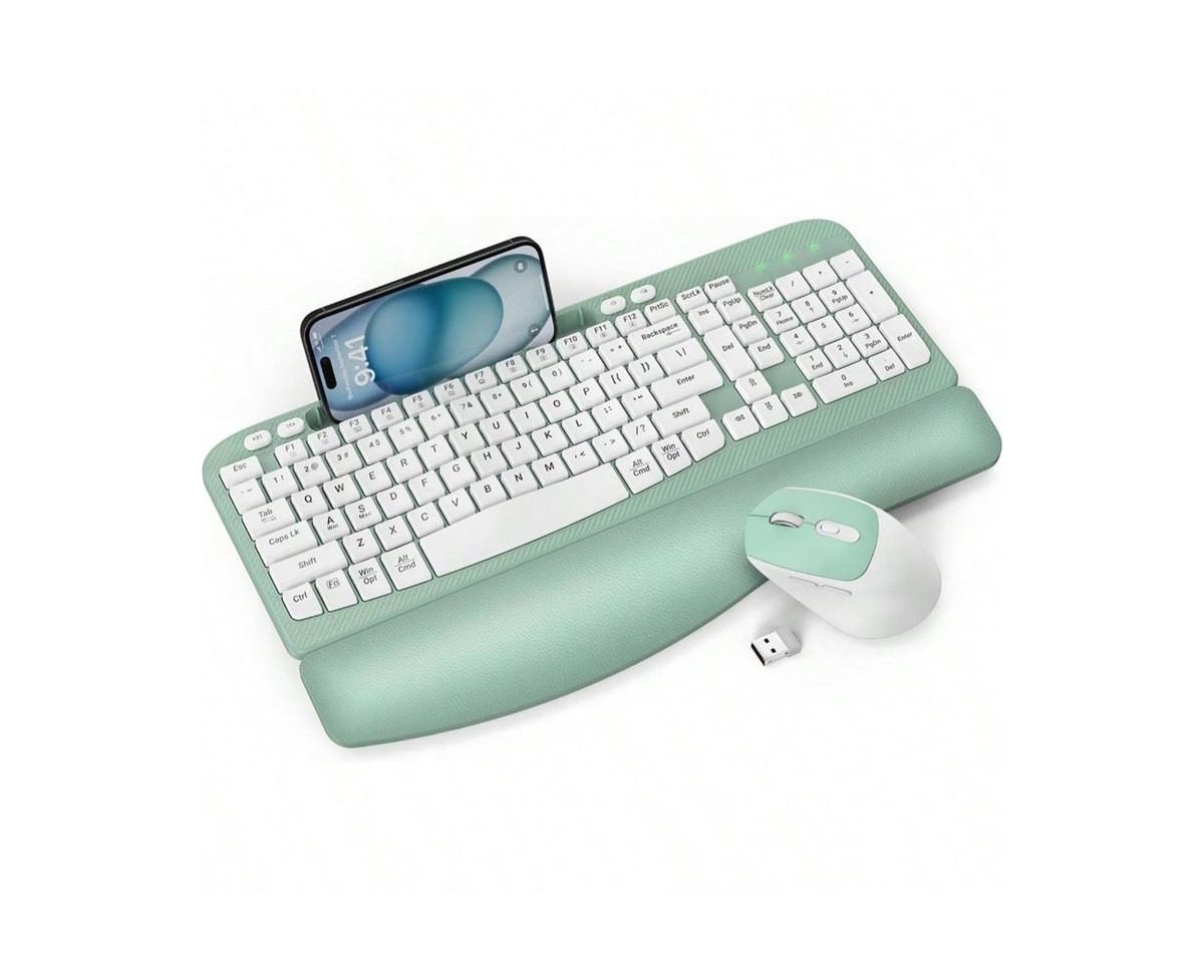 Wireless Keyboard and Mouse Combo - Full-Sized Keyboard with Cushioned Palm Rest, Phone Holder, 2.4G Cordless Set for Computer, Laptop, Pc