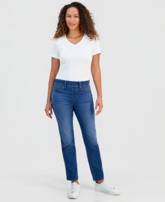 Petite High-Rise Pull-On Straight-Leg Jeans