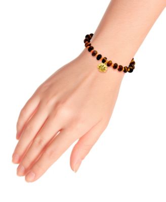 Tigers Eye Rondelle Beads and Clamshell Drop Charm Beaded Gold Plated Stretch Bracelet