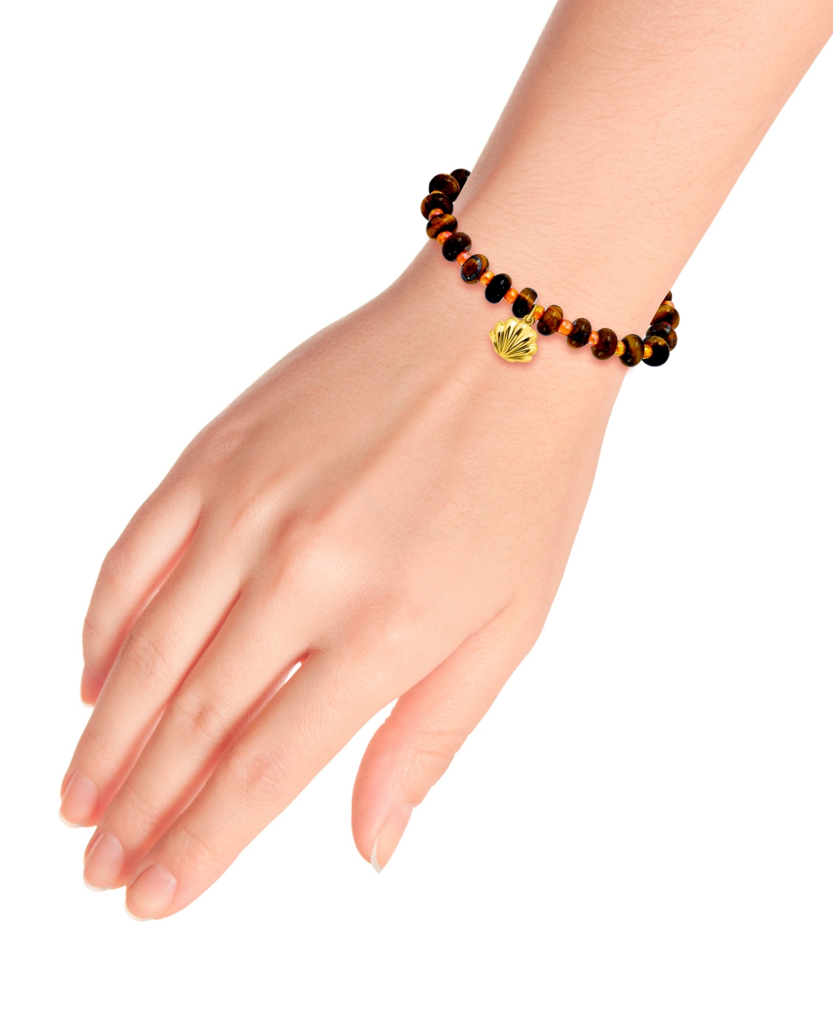 Macy's Tigers Eye Rondelle Beads and Clamshell Drop Charm Beaded Gold Plated Stretch Bracelet