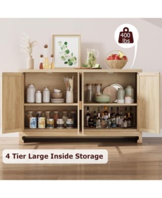 Rattan Accent Storage Cabinet with 4 Doors and Shelf, Modern Console Coffee Bar Cabinet for Dining Room, Kitchen, Living Room,Entryway,Beige