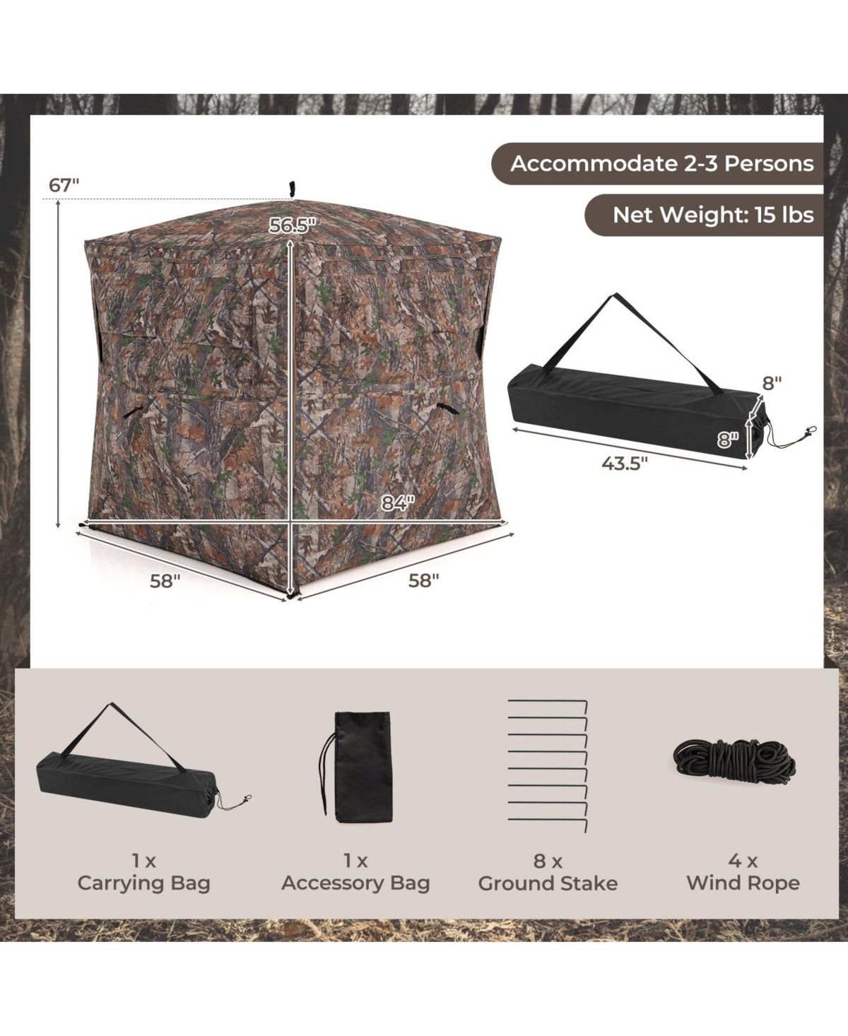 Skonyon Hunting Blind 360 Degree One-Way See-Through Ground Blind for 2-3 Person