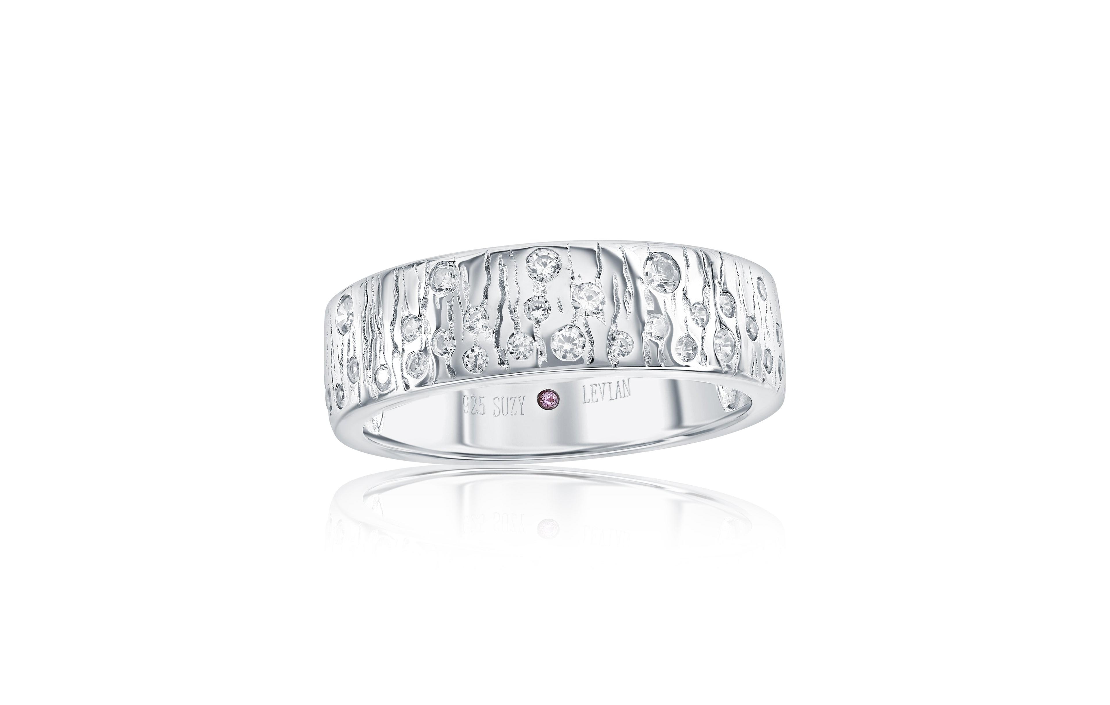 Suzy Levian New York Sterling Cubic Zirconia Wide Band Wood Grain Confetti Ring
