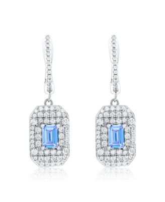Sterling Silver Cubic Zirconia Emerald Cut Center Pave Medallion Dangle Drop Earrings