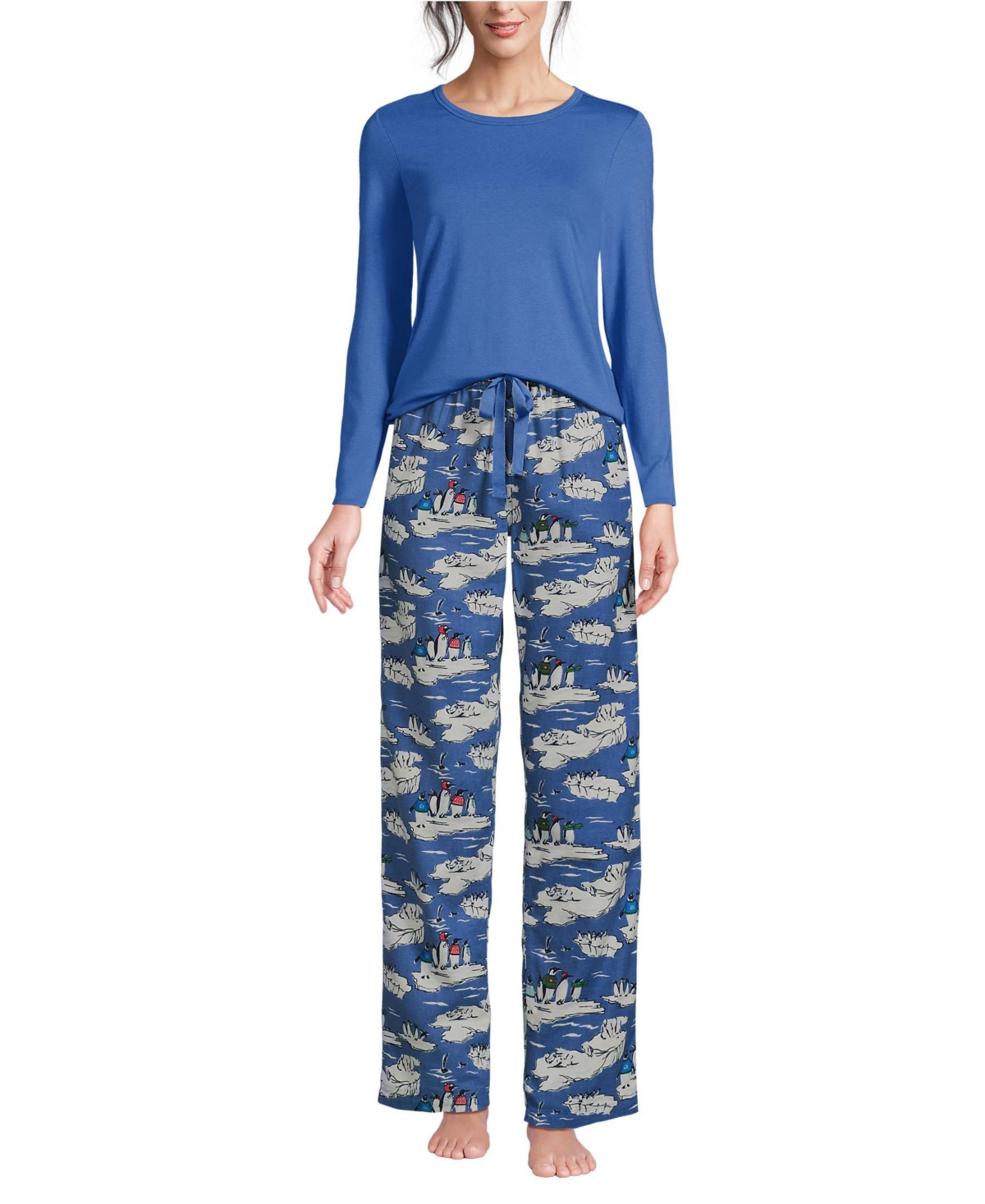 Lands' End Women's Tall Pajama Gift Set - Knit Long Sleeve Top and Flannel Pants - Cobalt blue holiday penguins