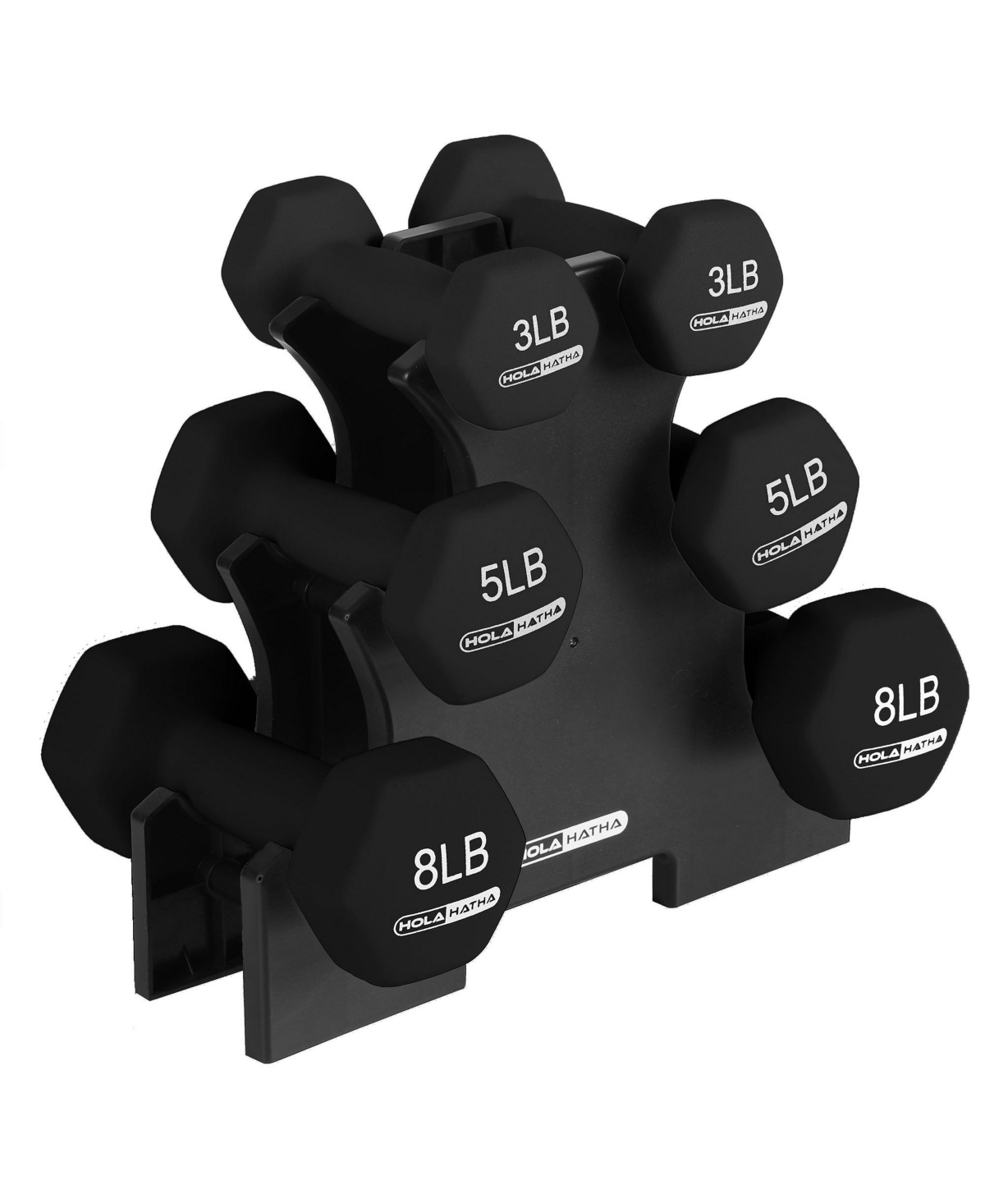 HolaHatha 3, 5 & 8 Pound Hex Dumbbell Hand Weight Set with Storage Rack, Black