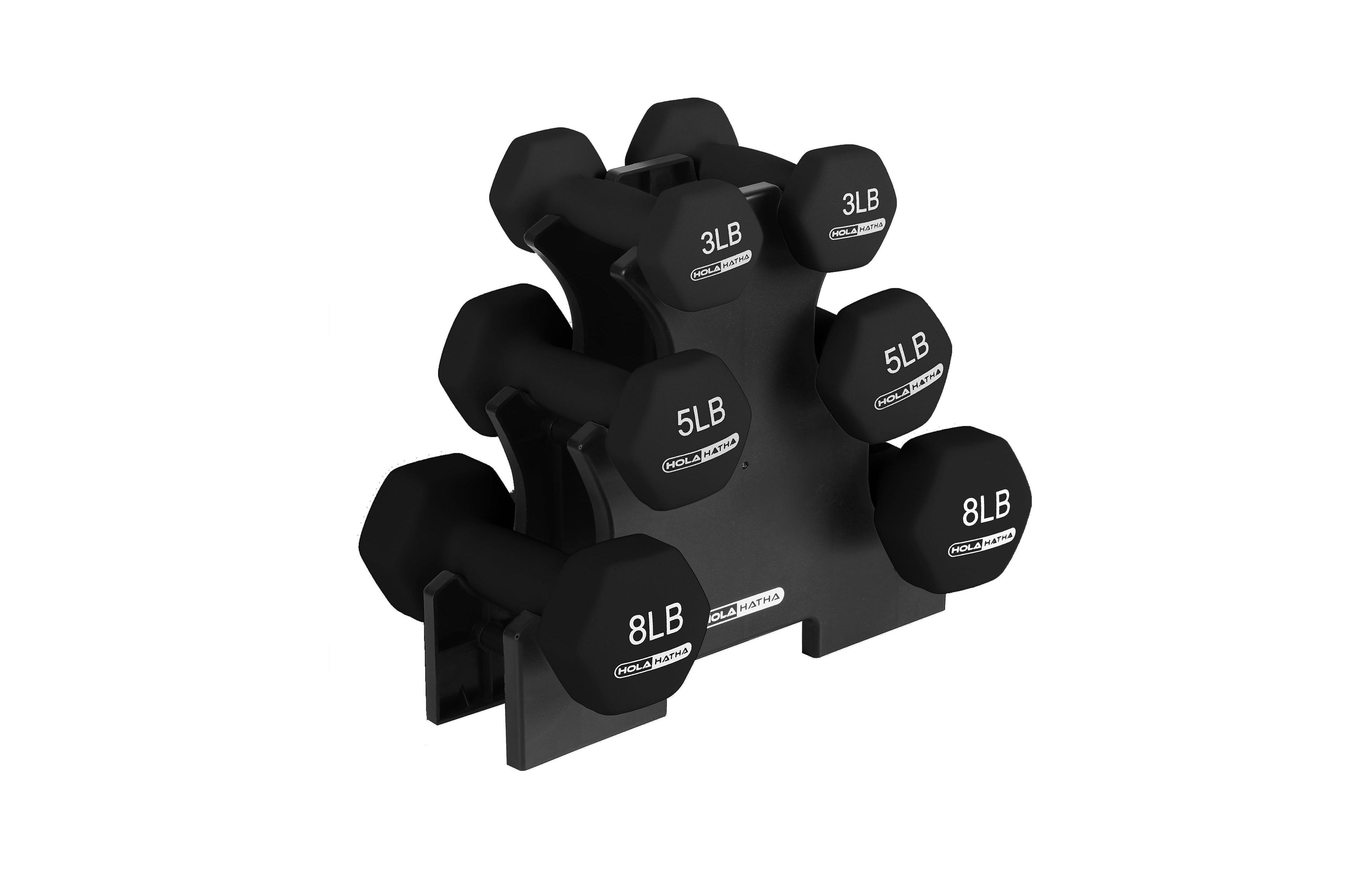 HolaHatha 3, 5 & 8 Pound Hex Dumbbell Hand Weight Set with Storage Rack, Black