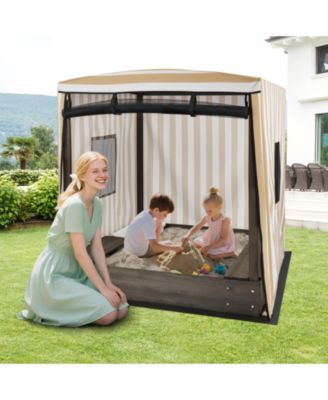 Wooden Sandbox with Adjustable Canopy and Storage Bench for Kids Ages 3
