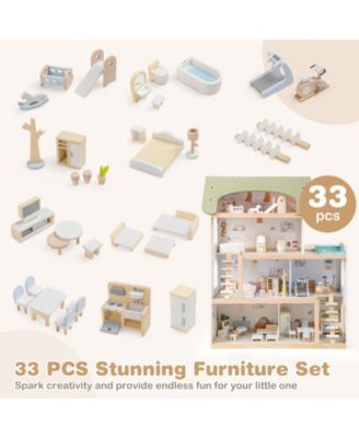 Large Wooden Dollhouse Playset With 33 Furniture Pieces And Balcony Pool