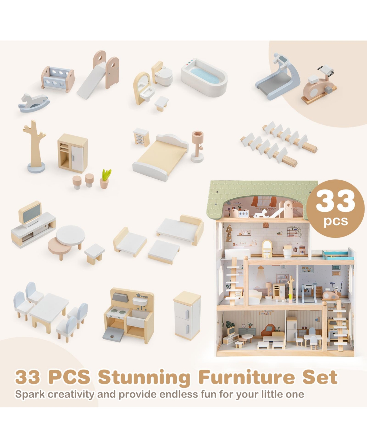 Hongge Large Wooden Dollhouse Playset With 33 Furniture Pieces And Balcony Pool