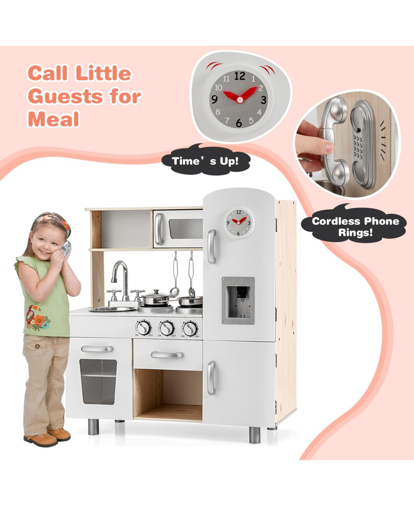 Детский игровой набор SKONYON Vintage Wooden Play Kitchen Pretend Cooking Playset, 7-Piece, Ages 3+, цвет: Белый — фото 9