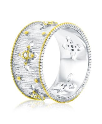 Sterling Silver Cubic Zirconia Brushed Italian Florentine Extra Wide Band Eternity Ring