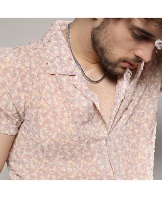 Men's Beige Washed Flowers Seld-Design Shirt