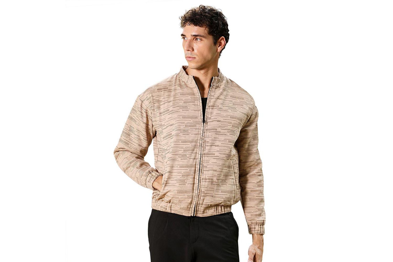 Men's Sand Beige Lined-Jacquard Bomber Jacket