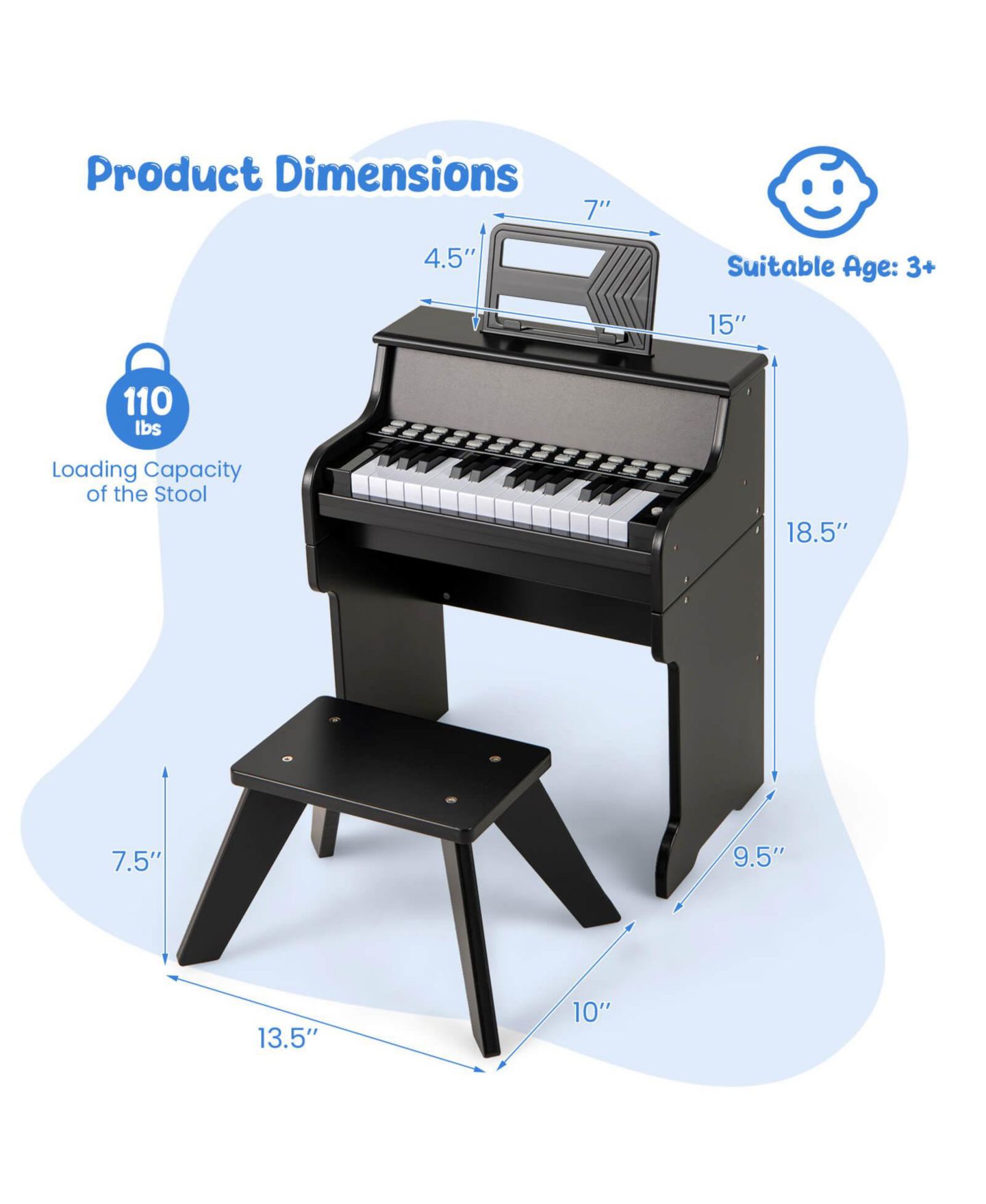 Детские игрушки Costway 25-Key Digital Piano with Lighted Keys Teaching Mode, 3-Piece Set, Ages 3+, цвет: Чёрный — фото 3