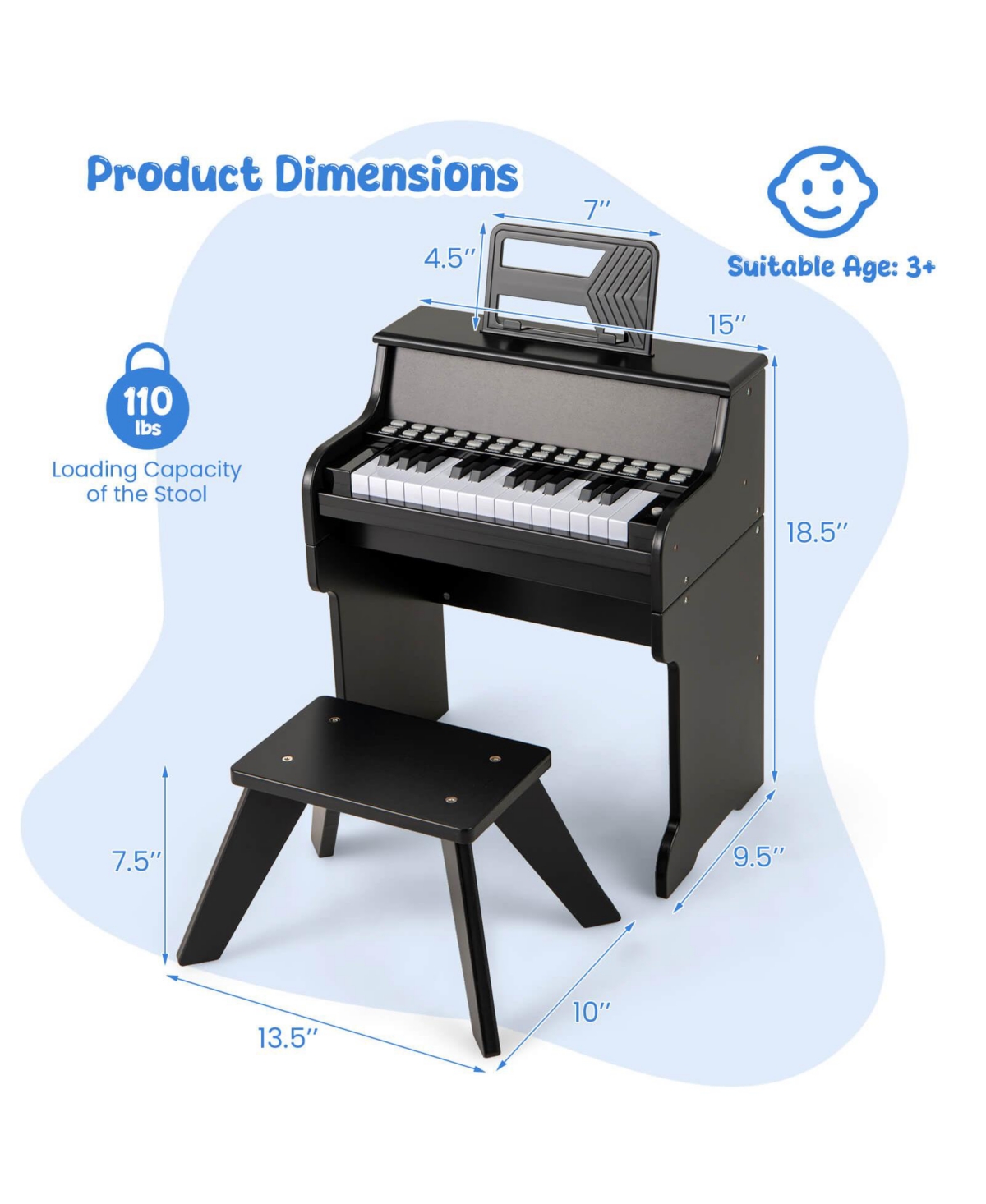 25 Keys Digital Piano with Music Stand Stool Lighted Teaching Mode for 3+ Kids