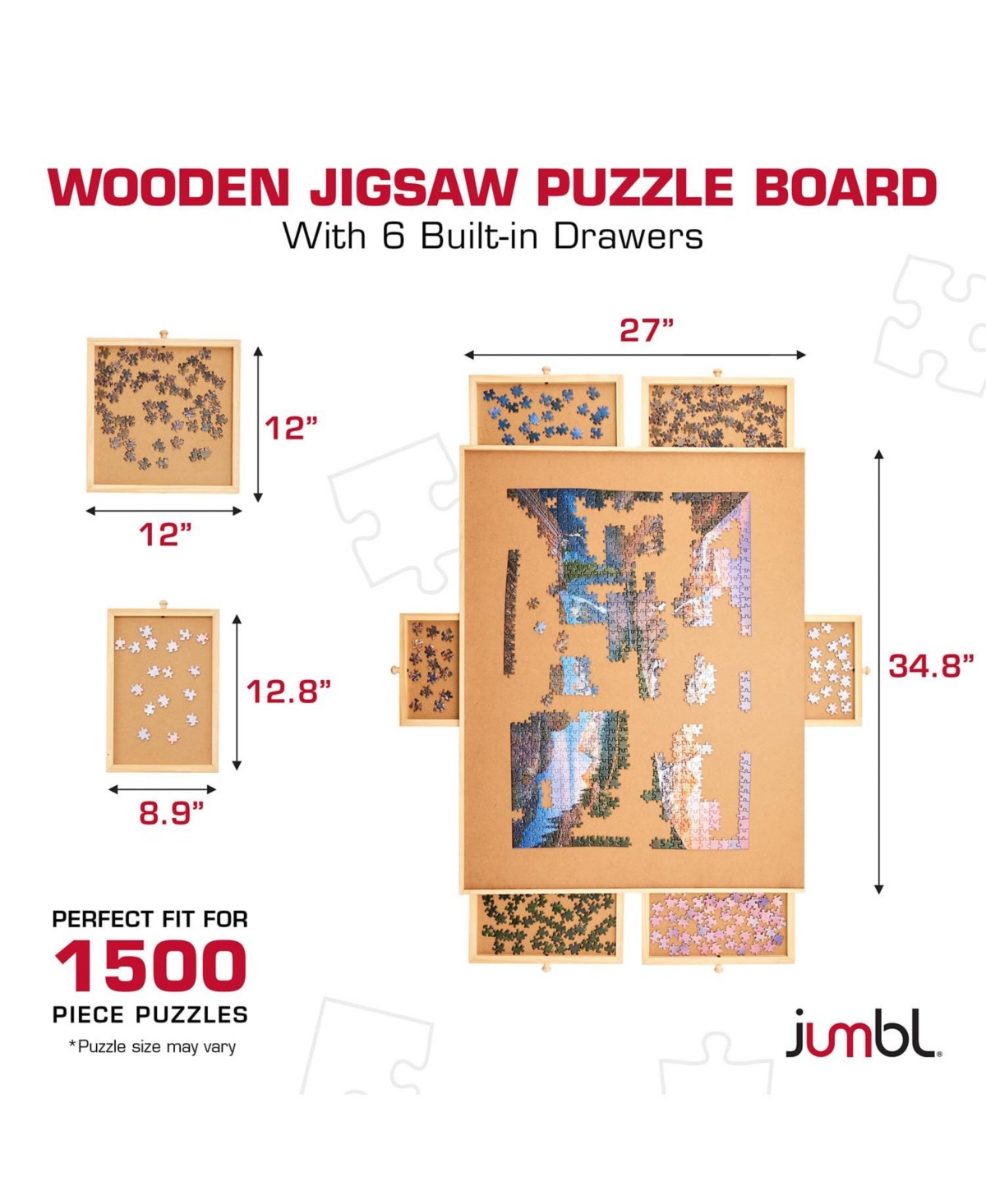 Jumbl 1500-Piece Puzzle Board with Drawers, Lazy Susan & Cover - Rotating Wooden Jigsaw Puzzle Table