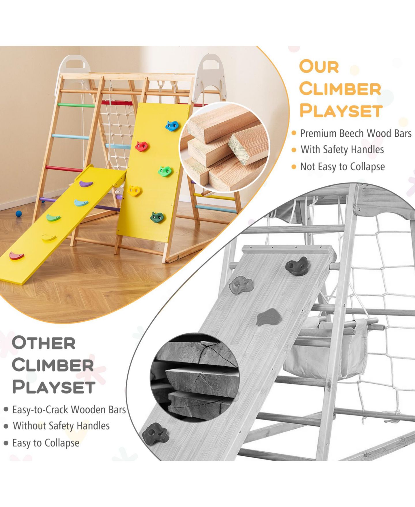 Детский игровой набор HONGGE 8-in-1 Wooden Jungle Gym Playset with Slide, Monkey Bars, and Climbing Wall, цвет: Жёлтый натуральный белый — фото 4