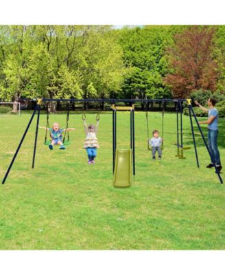 Kids Outdoor 7 in 1 Metal Swing Set with Slide Monkey Bar and Basketball Hoop