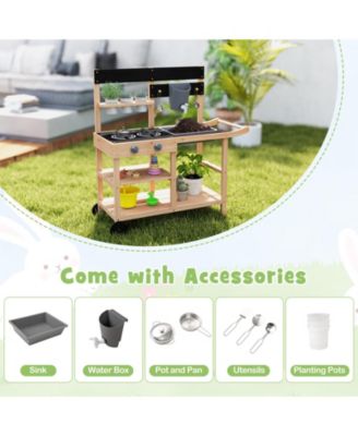 Kids Outdoor Wooden Mud Kitchen Playset with Faucet Sink Chalkboard and Storage