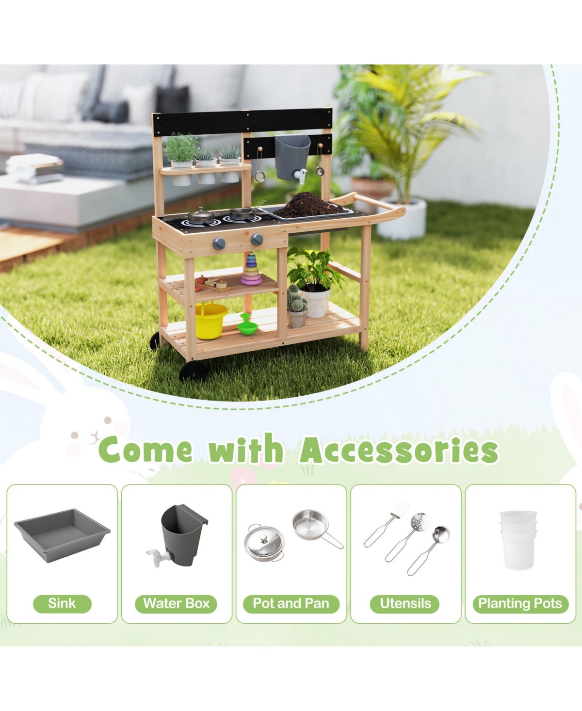 Hongge Kids Outdoor Wooden Mud Kitchen Playset with Faucet Sink Chalkboard and Storage