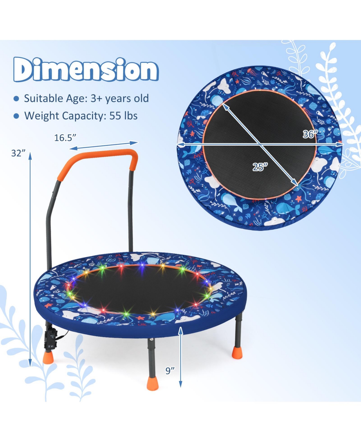 Hongge Kids Led Light Trampoline with Foam Handrail Foldable Frame and Safety Cover
