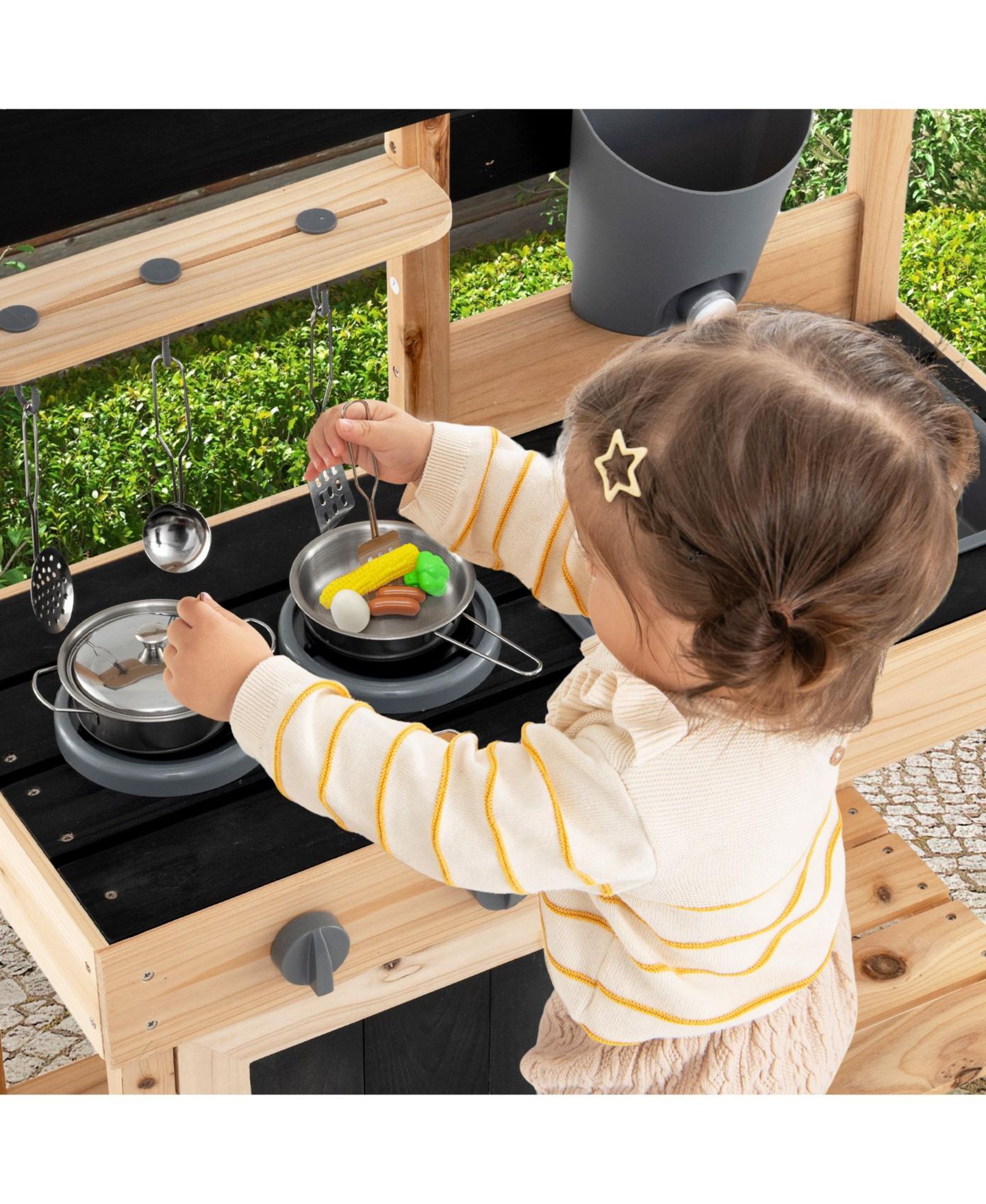 Детский игровой набор SKONYON Wooden Outdoor Mud Kitchen Working Water Faucet 8-Piece Playset, Ages 3+, цвет: Натуральный — фото 7