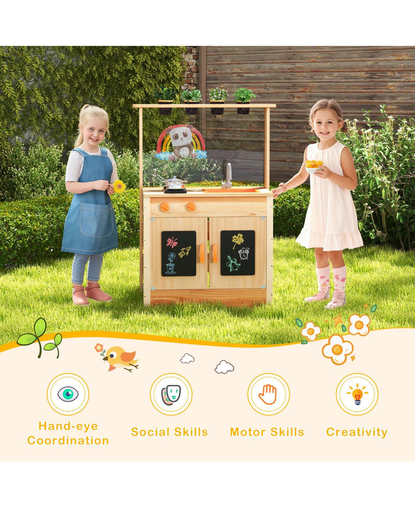 Детский игровой набор SKONYON Outdoor Wooden Mud Kitchen Playset, Ages 3+, цвет: Натуральный — фото 4