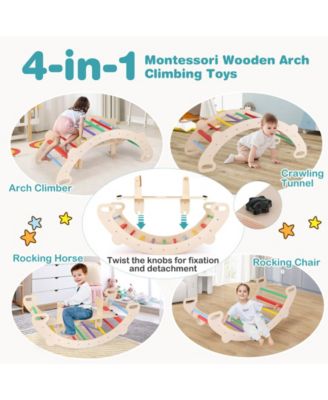 4-in-1 Multifunctional Wooden Climbing Toys with Rocker and Crawling Tunnel-Multicolor