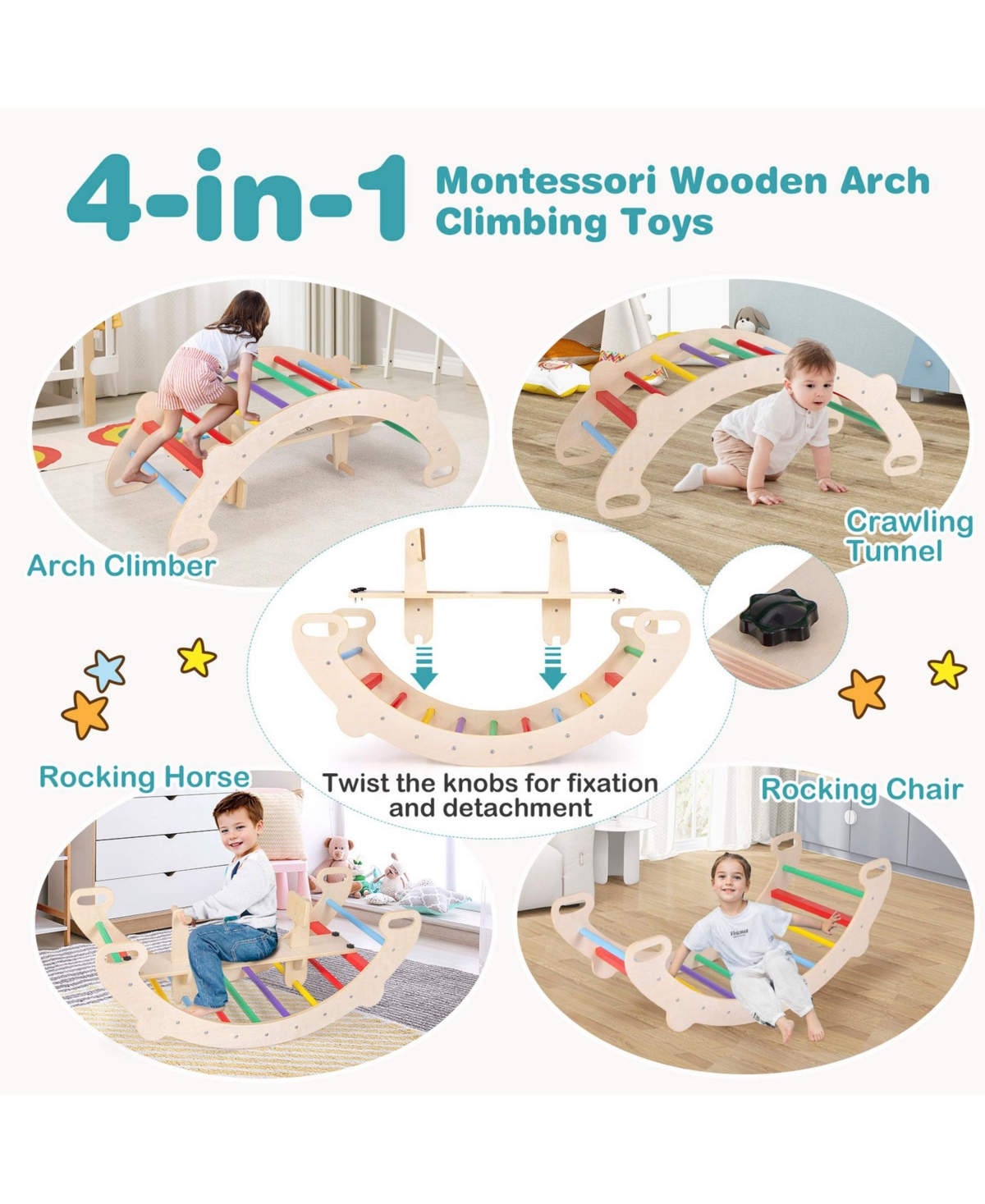 Sugift 4-in-1 Multifunctional Wooden Climbing Toys with Rocker and Crawling Tunnel-Multicolor