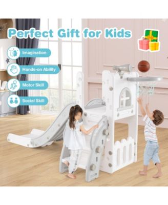 6-in-1 Toddler Slide L-shaped Playground with Basketball Hoop and Ladder