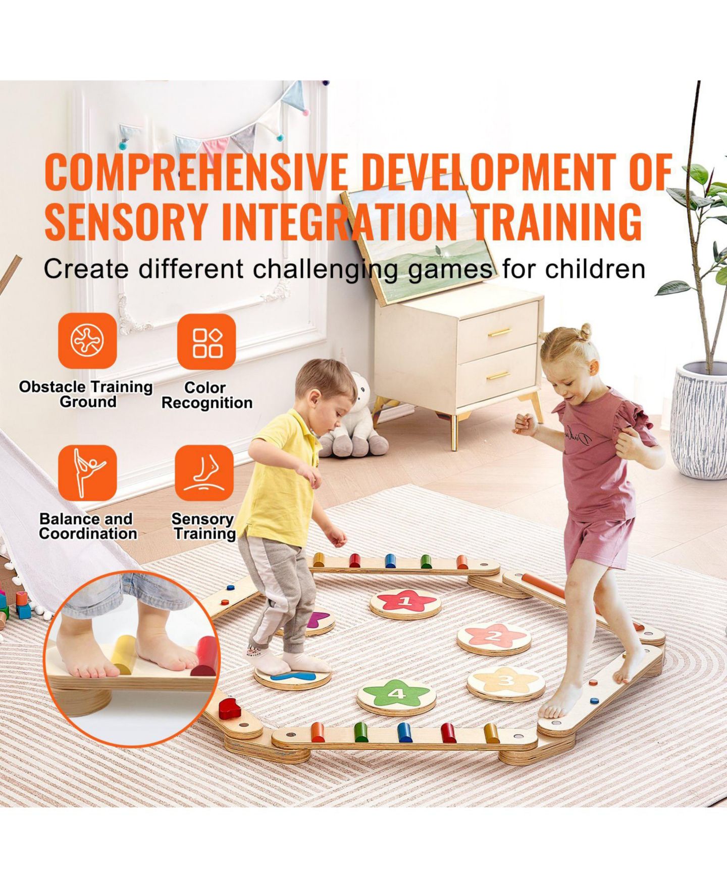Детские игрушки Mecale 6-Piece Dual-Sided Wooden Balance Beam & Stepping Stones Set, Ages 2+, цвет: Серый — фото 6
