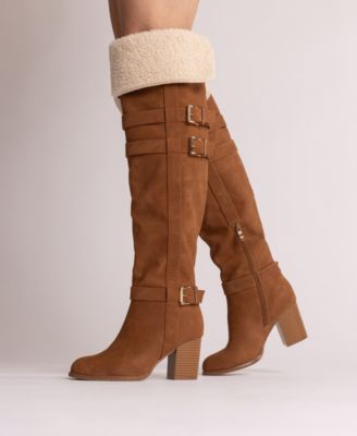 Journee Womens Alyza Buckle Detail Over-the-Knee Inside Zipper Almond Toe Comfort Sherpa Boots