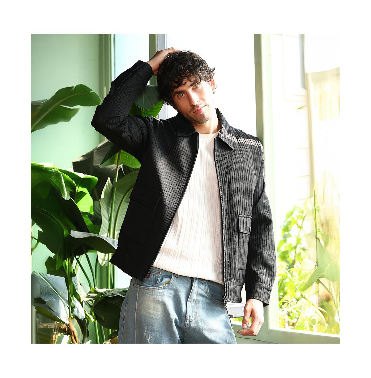 Campus Sutra Men's Midnight Black Zip-Front Crease-Tactile Jacket