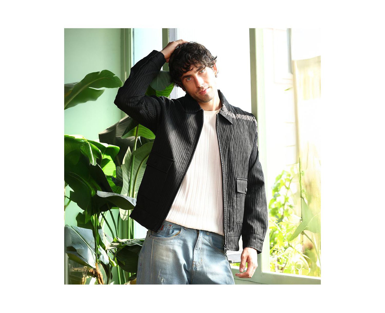 Men's Midnight Black Zip-Front Crease-Tactile Jacket