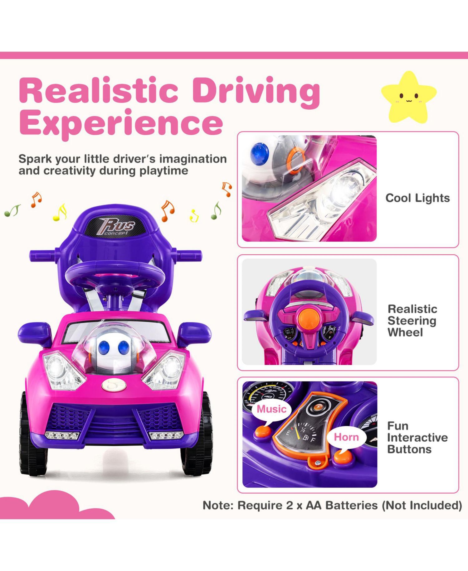 3-in-1 Sliding Walker w/ Adjustable Canopy Horn Music & Light for Boys & Girls