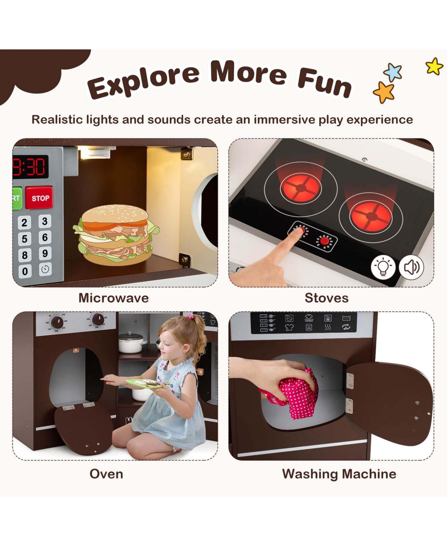 Детский игровой набор Costway Corner Kitchen Playset with Coffee Machine, 12-Piece, Ages 3+, цвет: Коричневый — фото 7