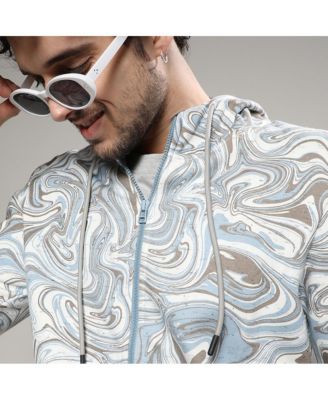 Men's Icy Blue & Olive Green Contrast Fluid Zip Front Hoodie