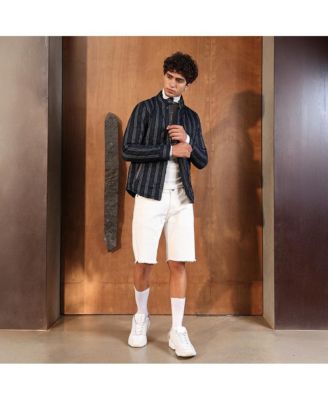 Men's Navy Blue Woven-Striped Quilted Jacket